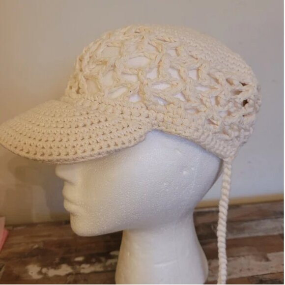 Free People NEW Crochet Cotton Ivory hat Cap OS Y2K Boho - Picture 2 of 4